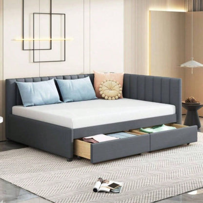 Full Size Upholstered Daybed with Trundle Sofa Bed Frame No Box Spring Needed, Linen FabricGray