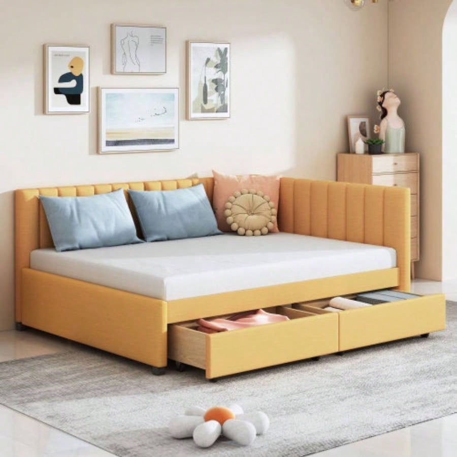 Full Size Upholstered Daybed with Trundle Sofa Bed Frame No Box Spring Needed, Linen FabricGray