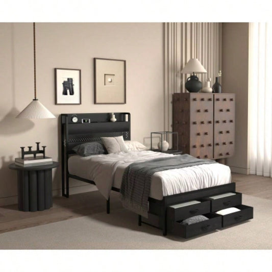 Twin Bed Frames with Headboard, Twin Size Bed Frames with Storage Drawers, Twin Bed, Black Metal Platform Bed Frame, Single Bed Frame, No Box Spring Needed