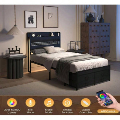 Twin Bed Frames with Headboard, Twin Size Bed Frames with Storage Drawers, Twin Bed, Black Metal Platform Bed Frame, Single Bed Frame, No Box Spring Needed