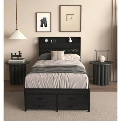 Twin Bed Frames with Headboard, Twin Size Bed Frames with Storage Drawers, Twin Bed, Black Metal Platform Bed Frame, Single Bed Frame, No Box Spring Needed