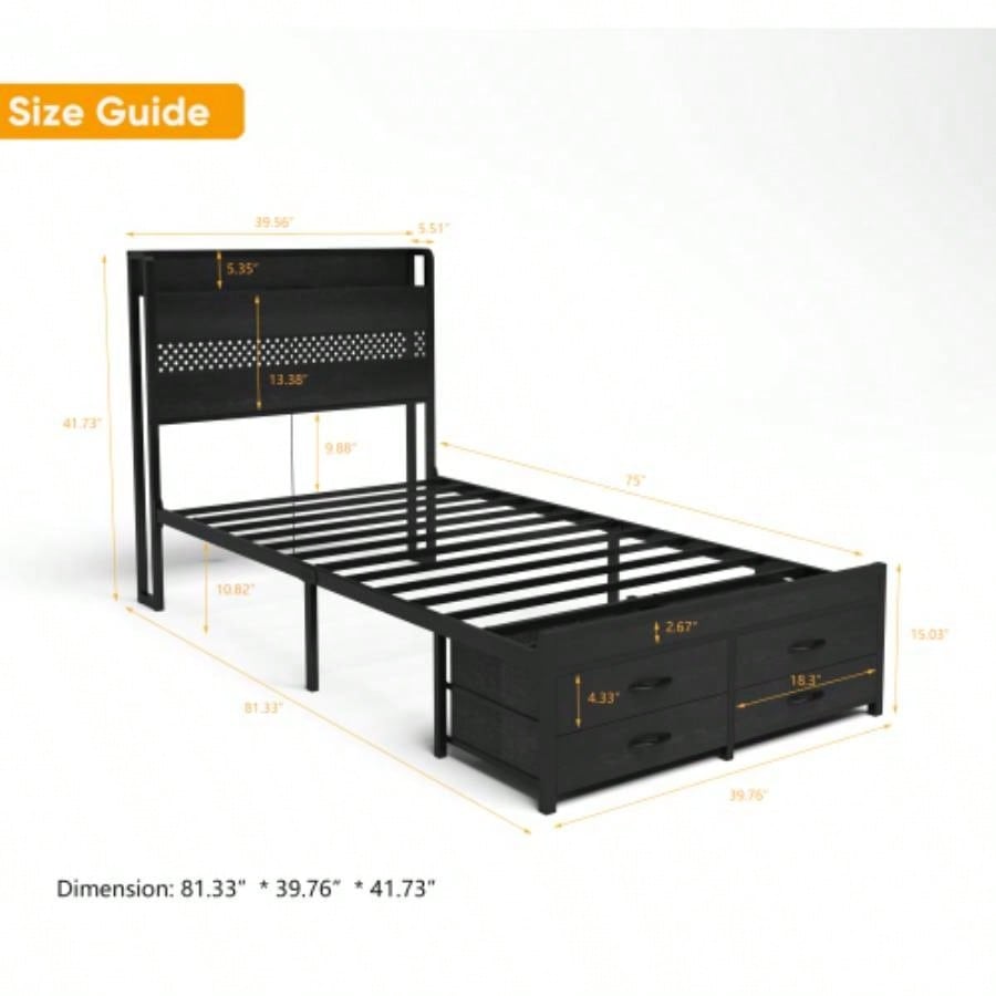 Twin Bed Frames with Headboard, Twin Size Bed Frames with Storage Drawers, Twin Bed, Black Metal Platform Bed Frame, Single Bed Frame, No Box Spring Needed