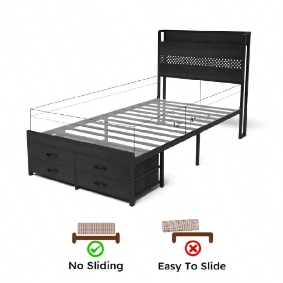 Twin Bed Frames with Headboard, Twin Size Bed Frames with Storage Drawers, Twin Bed, Black Metal Platform Bed Frame, Single Bed Frame, No Box Spring Needed
