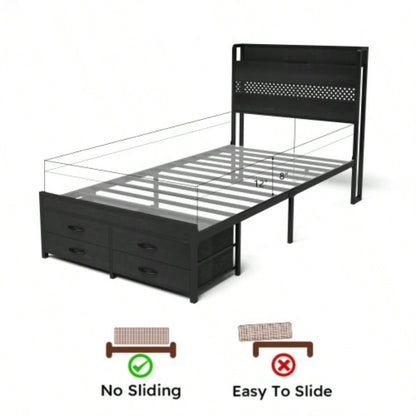 Twin Bed Frames with Headboard, Twin Size Bed Frames with Storage Drawers, Twin Bed, Black Metal Platform Bed Frame, Single Bed Frame, No Box Spring Needed
