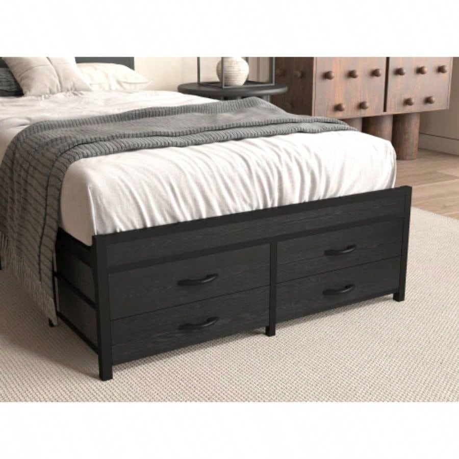Twin Bed Frames with Headboard, Twin Size Bed Frames with Storage Drawers, Twin Bed, Black Metal Platform Bed Frame, Single Bed Frame, No Box Spring Needed