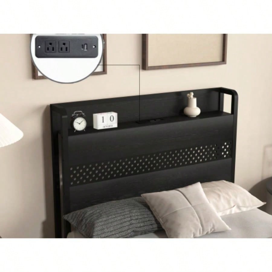 Twin Bed Frames with Headboard, Twin Size Bed Frames with Storage Drawers, Twin Bed, Black Metal Platform Bed Frame, Single Bed Frame, No Box Spring Needed