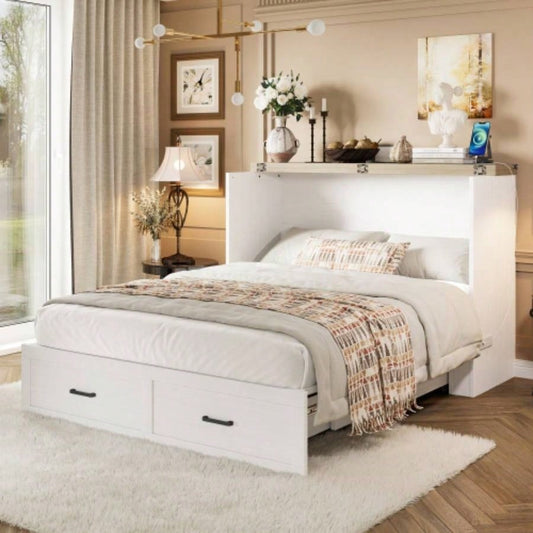 Murphy Bed Cabinet Size with Charging Station, Multi - Functional Foldable Platform Bed with 1 Large Storage Drawer Guest Room, Small Bedroom, White