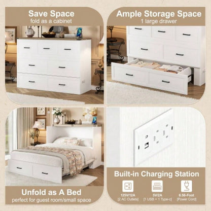 Murphy Bed Cabinet Size with Charging Station, Multi - Functional Foldable Platform Bed with 1 Large Storage Drawer Guest Room, Small Bedroom, White