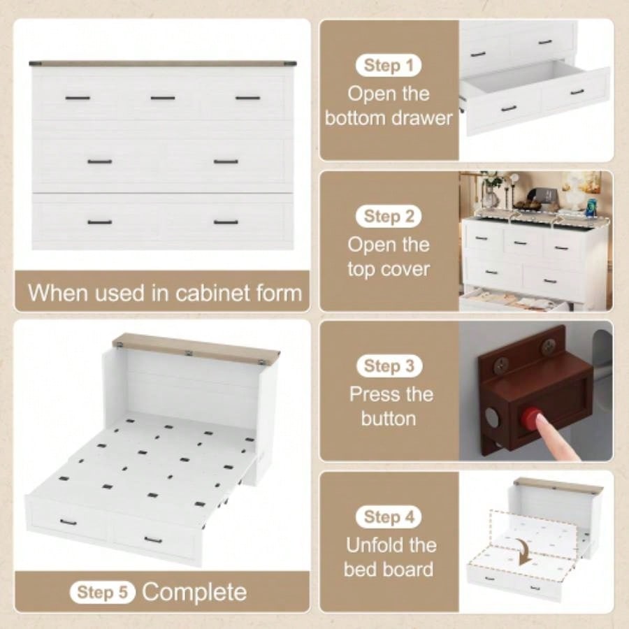 Murphy Bed Cabinet Size with Charging Station, Multi - Functional Foldable Platform Bed with 1 Large Storage Drawer Guest Room, Small Bedroom, White