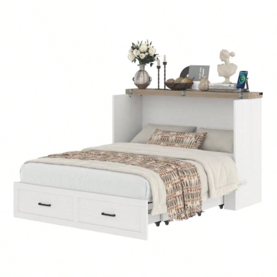 Murphy Bed Cabinet Size with Charging Station, Multi - Functional Foldable Platform Bed with 1 Large Storage Drawer Guest Room, Small Bedroom, White