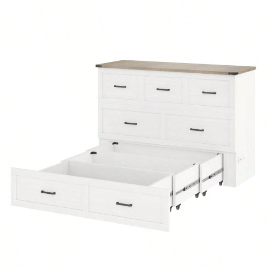 Murphy Bed Cabinet Size with Charging Station, Multi - Functional Foldable Platform Bed with 1 Large Storage Drawer Guest Room, Small Bedroom, White