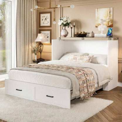 Murphy Bed Cabinet Size with Charging Station, Multi - Functional Foldable Platform Bed with 1 Large Storage Drawer Guest Room, Small Bedroom, White