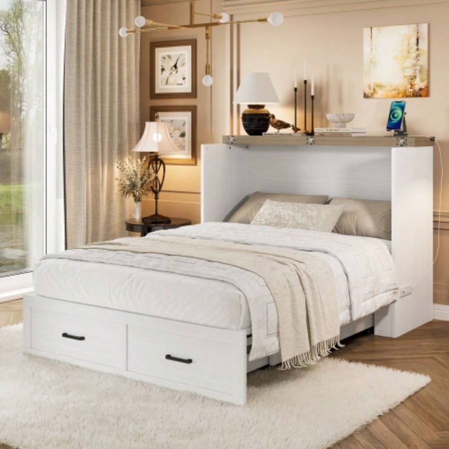Murphy Bed Cabinet Size with Charging Station, Multi - Functional Foldable Platform Bed with 1 Large Storage Drawer Guest Room, Small Bedroom, White