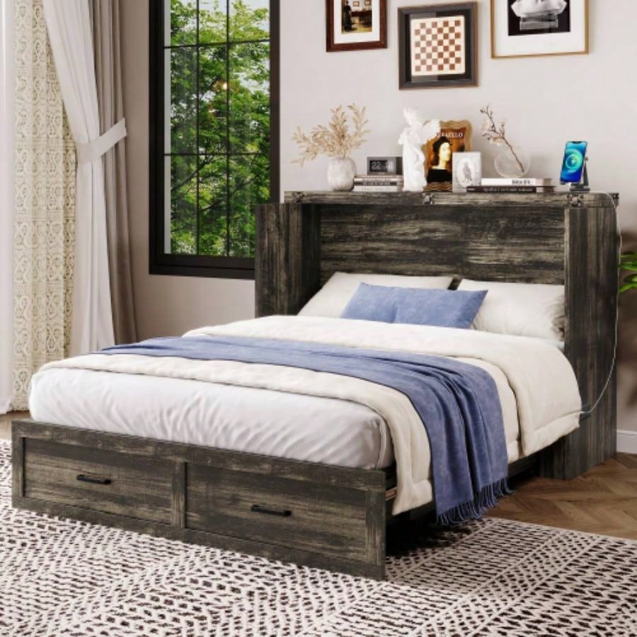 Murphy Bed Cabinet Size with Charging Station, Multi - Functional Foldable Platform Bed with 1 Large Storage Drawer Guest Room, Small Bedroom, White