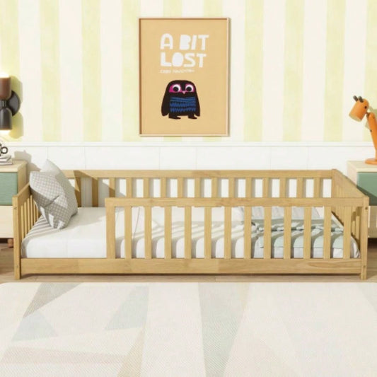 Twin Size Floor Bed with Fence without Door, Rubber Wood Floor Bed with Safety Guardrails, Natural