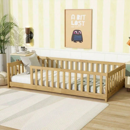 Twin Size Floor Bed with Fence without Door, Rubber Wood Floor Bed with Safety Guardrails, Natural