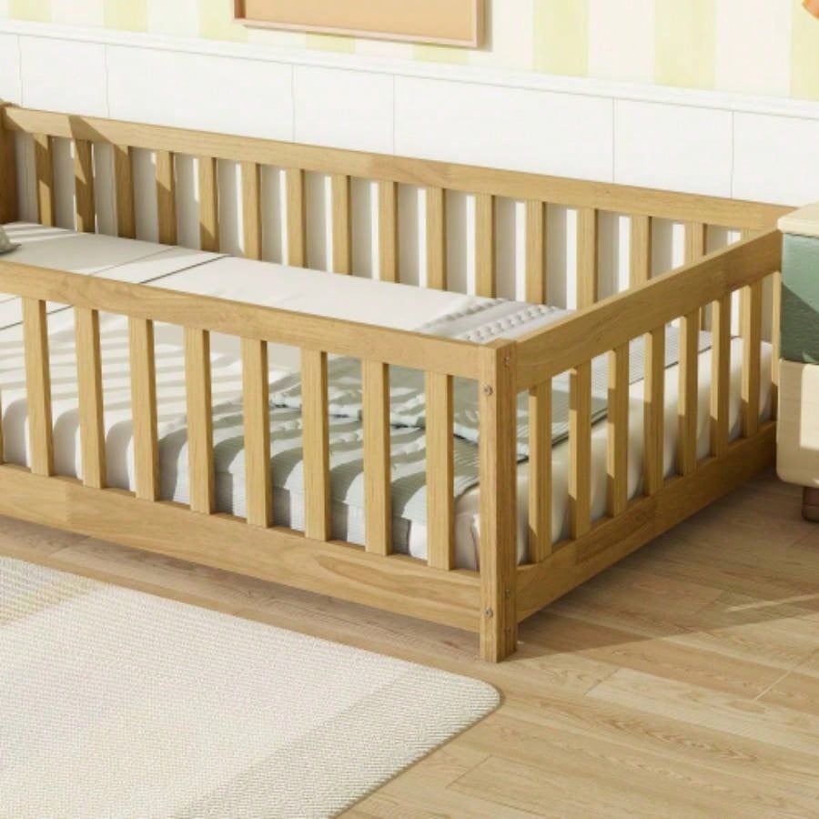 Twin Size Floor Bed with Fence without Door, Rubber Wood Floor Bed with Safety Guardrails, Natural