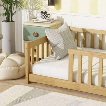Twin Size Floor Bed with Fence without Door, Rubber Wood Floor Bed with Safety Guardrails, Natural