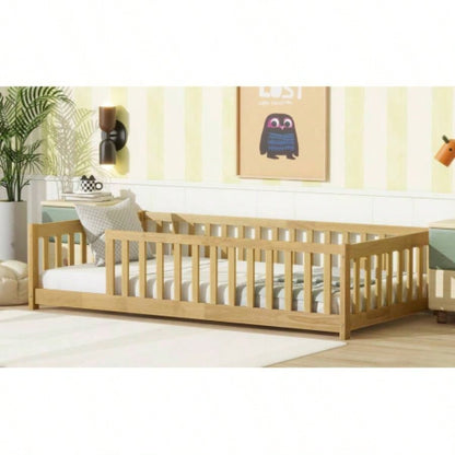 Twin Size Floor Bed with Fence without Door, Rubber Wood Floor Bed with Safety Guardrails, Natural
