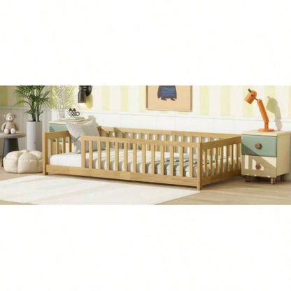 Twin Size Floor Bed with Fence without Door, Rubber Wood Floor Bed with Safety Guardrails, Natural