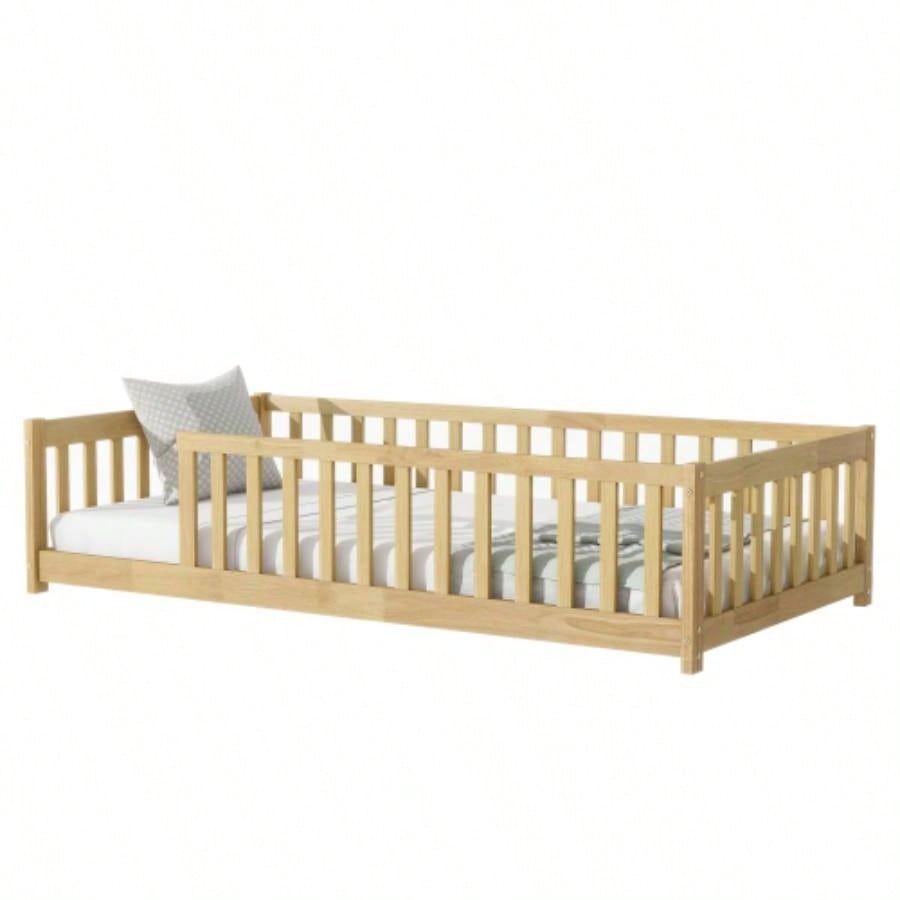 Twin Size Floor Bed with Fence without Door, Rubber Wood Floor Bed with Safety Guardrails, Natural
