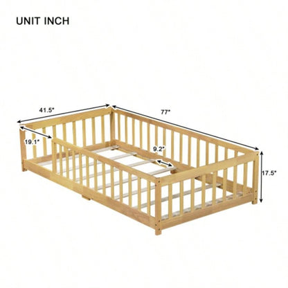 Twin Size Floor Bed with Fence without Door, Rubber Wood Floor Bed with Safety Guardrails, Natural