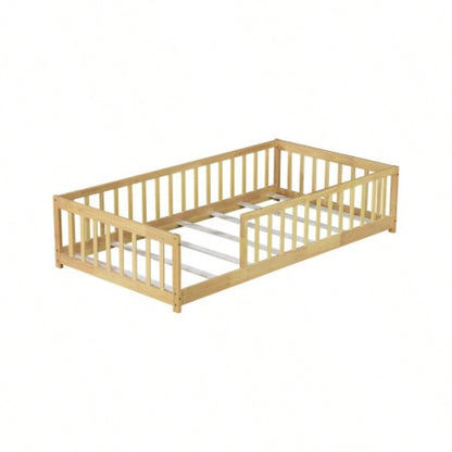 Twin Size Floor Bed with Fence without Door, Rubber Wood Floor Bed with Safety Guardrails, Natural