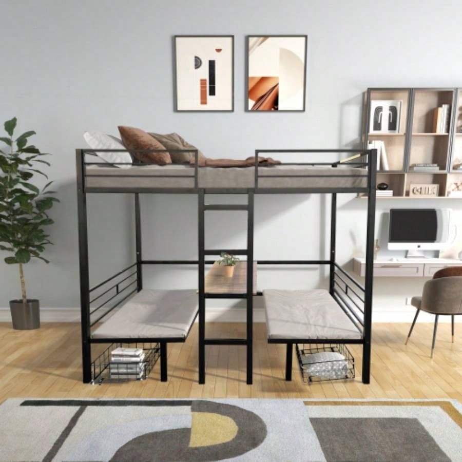 Full Size Loft Bed with Table Set Transformable to Full over Full Bunk