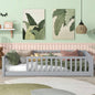 Twin Size Floor Bed with Fence without Door, Rubber Wood Floor Bed with Safety Guardrails, Natural