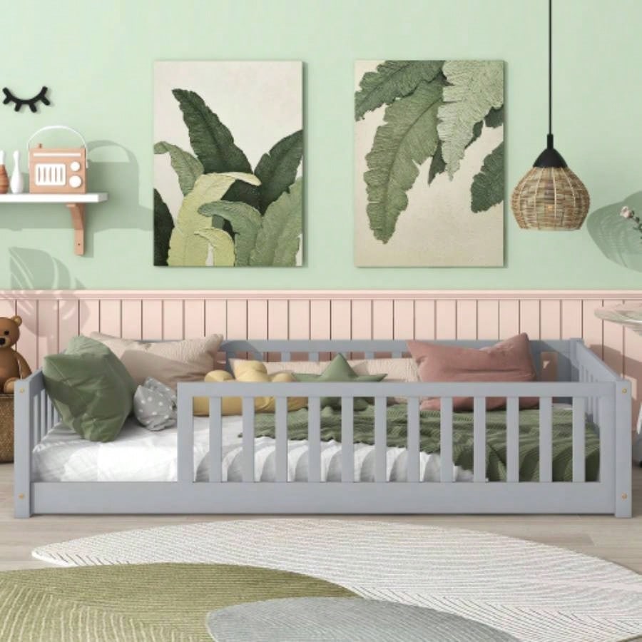 Twin Size Floor Bed with Fence without Door, Rubber Wood Floor Bed with Safety Guardrails, Natural