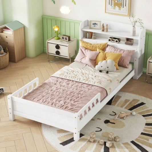 Twin Pine Wood Bed with Bookcase Headboard, LED Motion Sensor Light, Guardrails, White