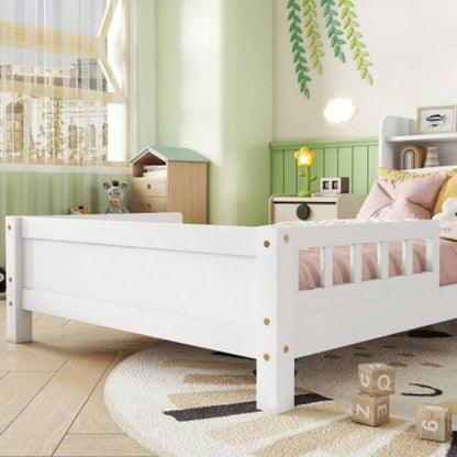 Twin Pine Wood Bed with Bookcase Headboard, LED Motion Sensor Light, Guardrails, White