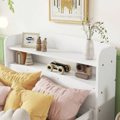 Twin Pine Wood Bed with Bookcase Headboard, LED Motion Sensor Light, Guardrails, White