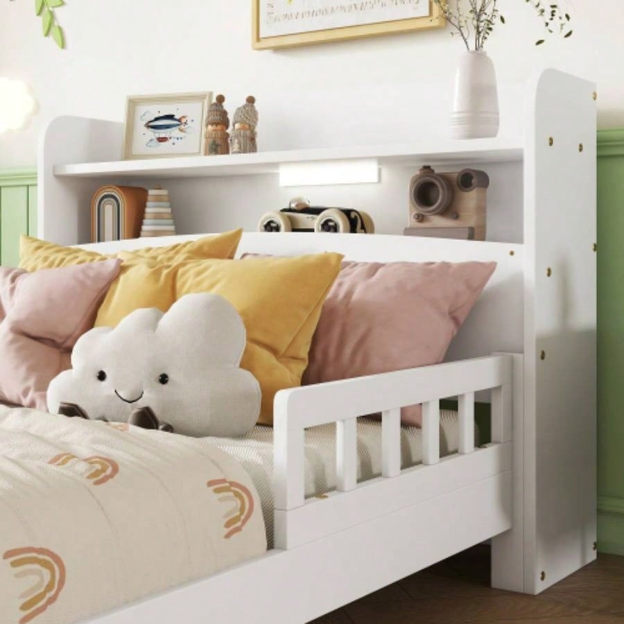 Twin Pine Wood Bed with Bookcase Headboard, LED Motion Sensor Light, Guardrails, White