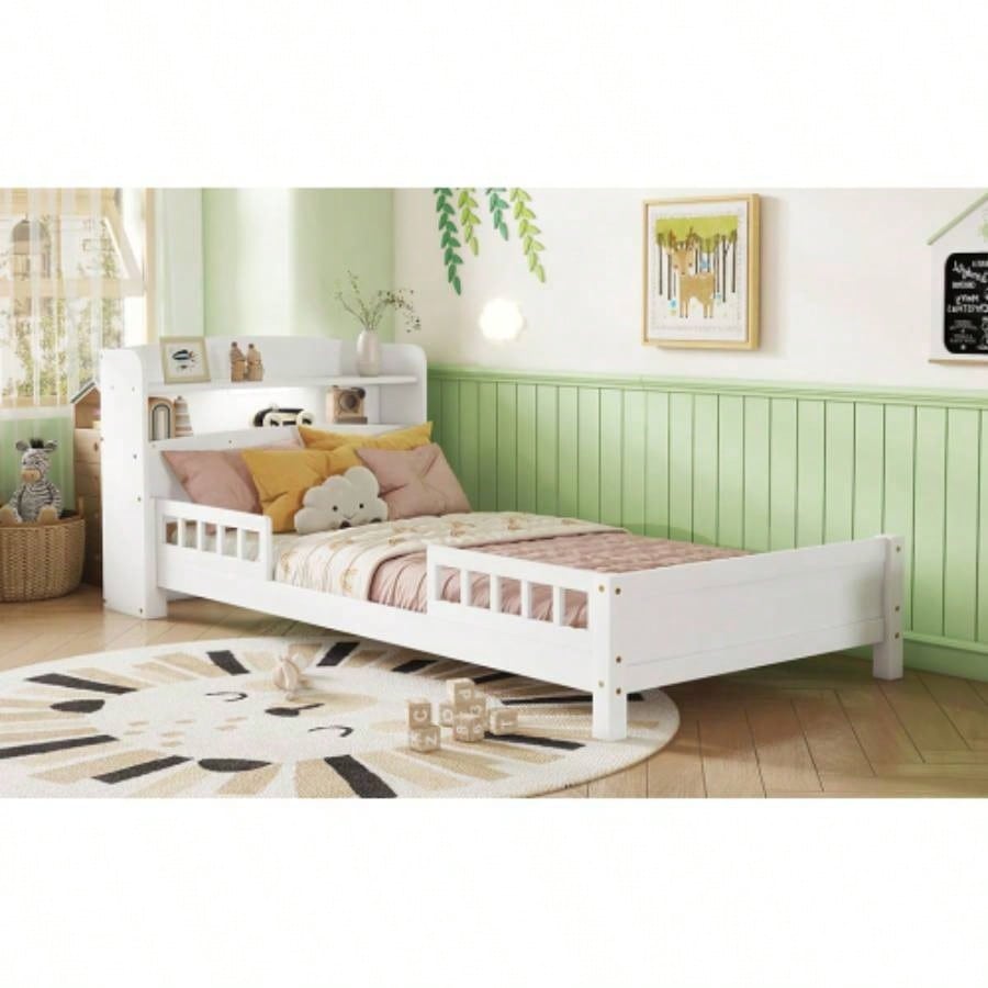 Twin Pine Wood Bed with Bookcase Headboard, LED Motion Sensor Light, Guardrails, White