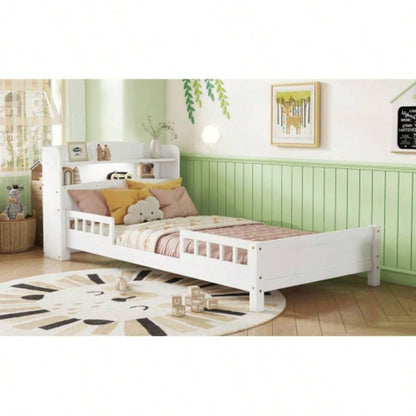 Twin Pine Wood Bed with Bookcase Headboard, LED Motion Sensor Light, Guardrails, White