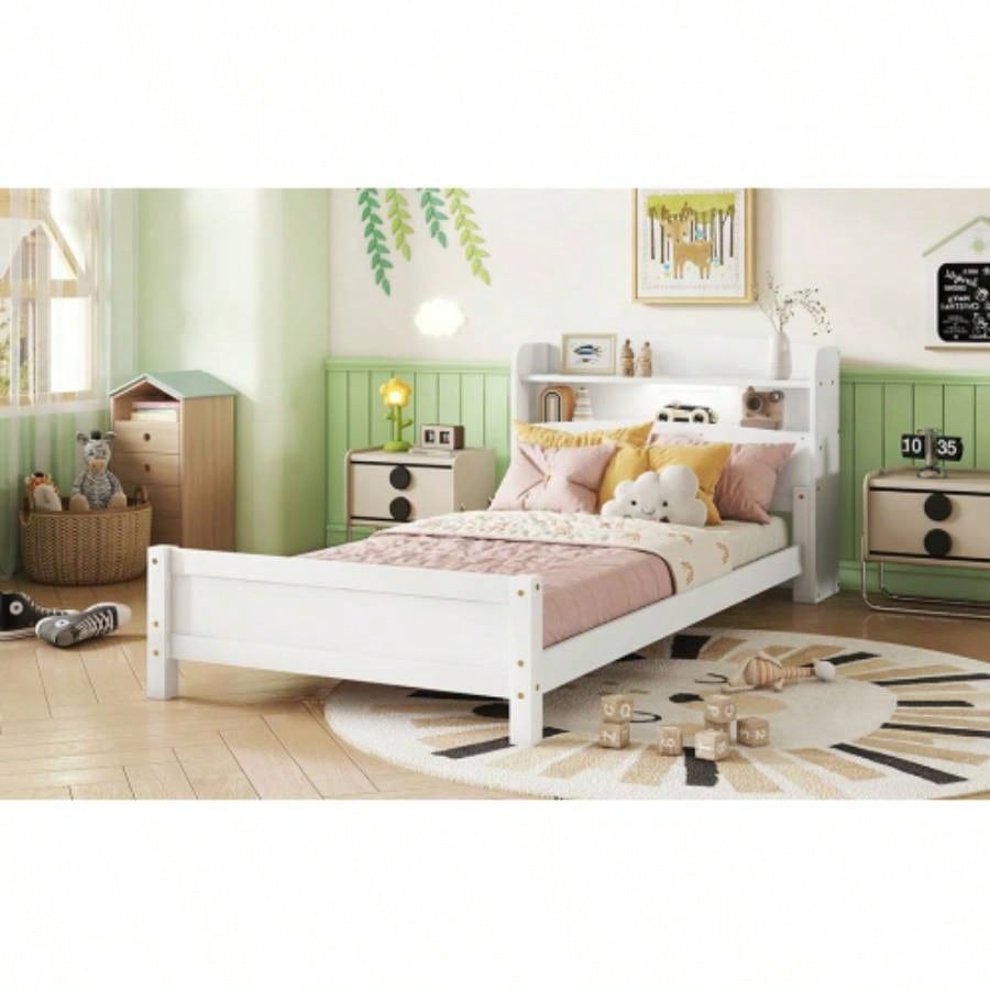 Twin Pine Wood Bed with Bookcase Headboard, LED Motion Sensor Light, Guardrails, White