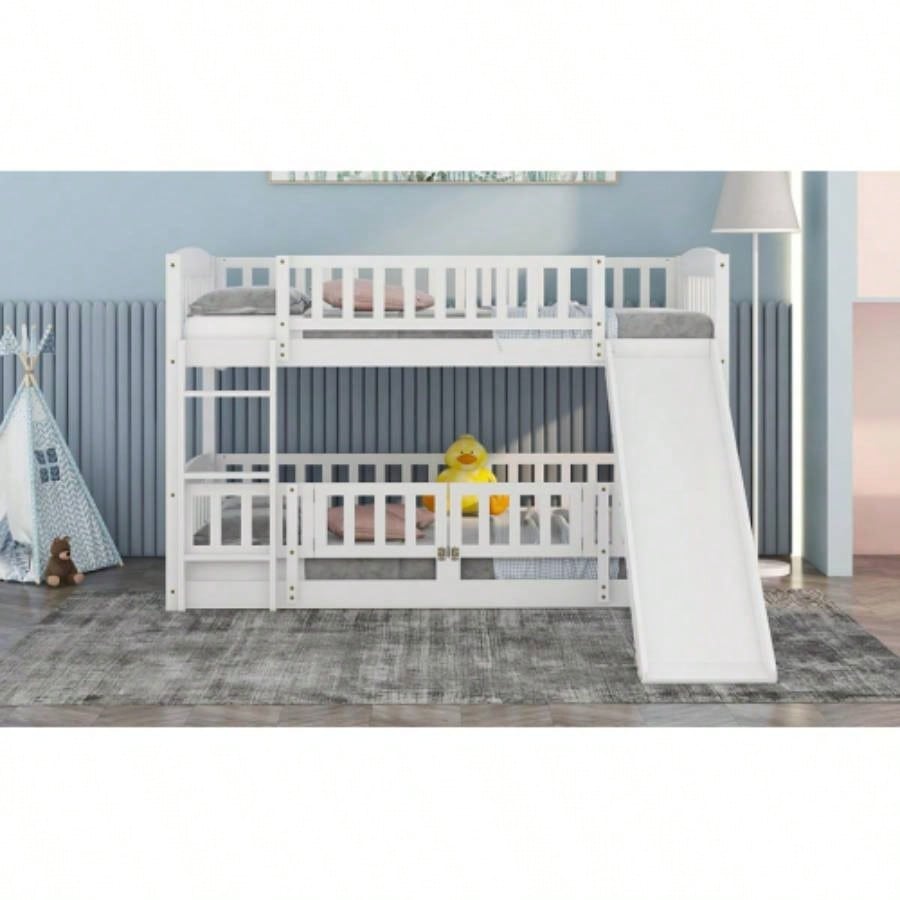 Bunk Bed with Slide, Twin Over Twin Low Bunk Bed with Fence and Ladder Kids Teens White