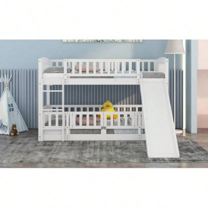 Bunk Bed with Slide, Twin Over Twin Low Bunk Bed with Fence and Ladder Kids Teens White