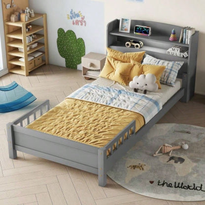 Twin Pine Wood Bed with Bookcase Headboard, LED Motion Sensor Light, Guardrails, White