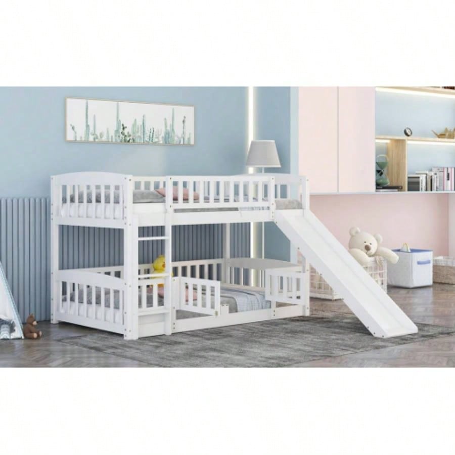 Bunk Bed with Slide, Twin Over Twin Low Bunk Bed with Fence and Ladder Kids Teens White