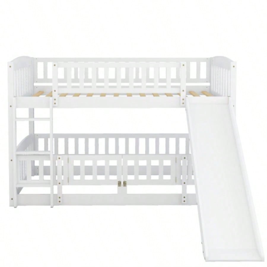 Bunk Bed with Slide, Twin Over Twin Low Bunk Bed with Fence and Ladder Kids Teens White