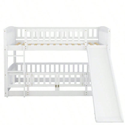 Bunk Bed with Slide, Twin Over Twin Low Bunk Bed with Fence and Ladder Kids Teens White