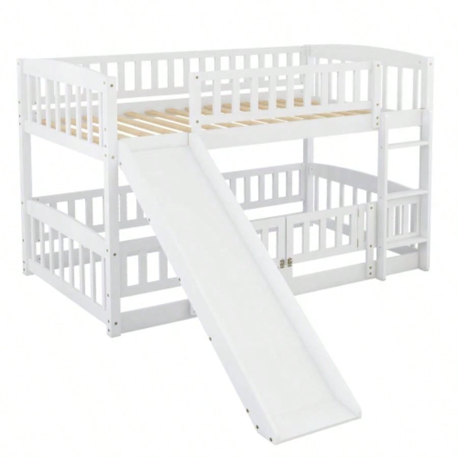 Bunk Bed with Slide, Twin Over Twin Low Bunk Bed with Fence and Ladder Kids Teens White