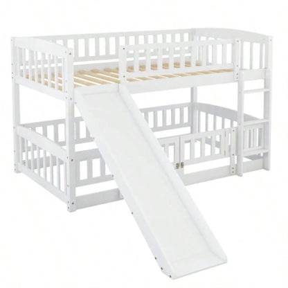 Bunk Bed with Slide, Twin Over Twin Low Bunk Bed with Fence and Ladder Kids Teens White