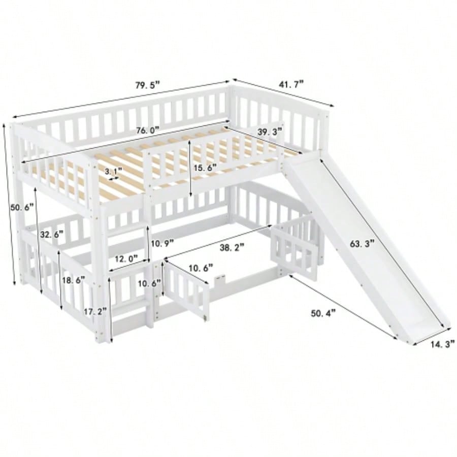 Bunk Bed with Slide, Twin Over Twin Low Bunk Bed with Fence and Ladder Kids Teens White