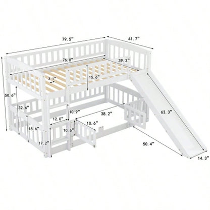 Bunk Bed with Slide, Twin Over Twin Low Bunk Bed with Fence and Ladder Kids Teens White