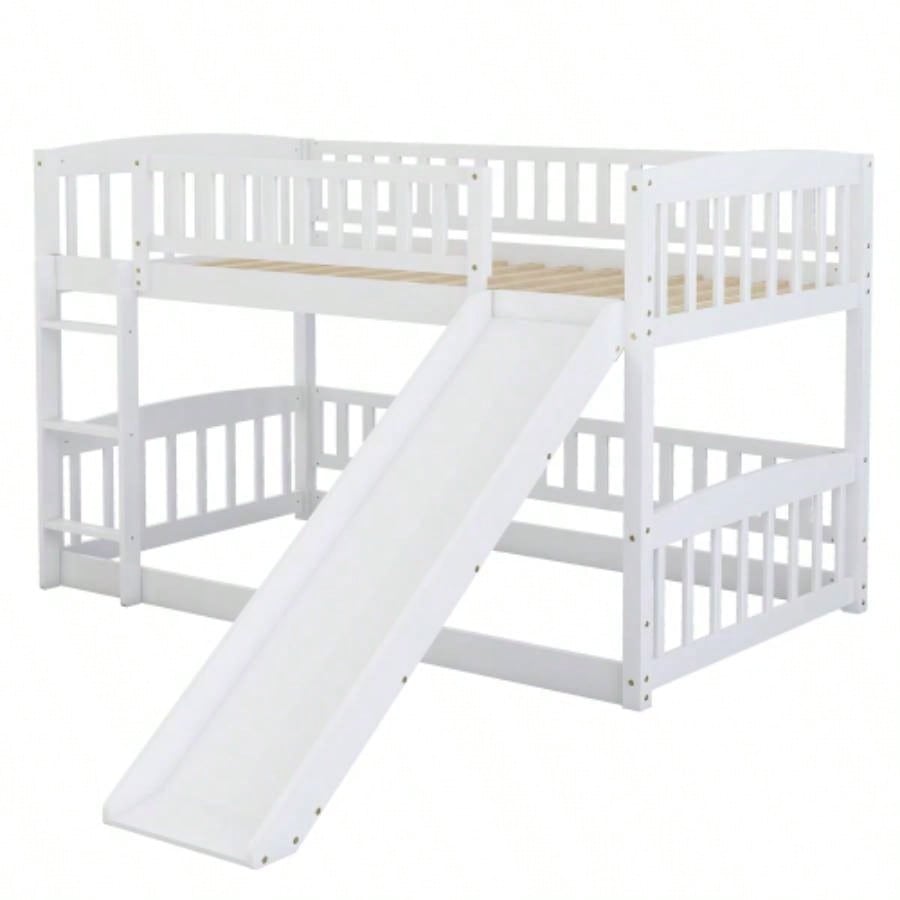Bunk Bed with Slide, Twin Over Twin Low Bunk Bed with Fence and Ladder Kids Teens White