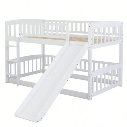 Bunk Bed with Slide, Twin Over Twin Low Bunk Bed with Fence and Ladder Kids Teens White