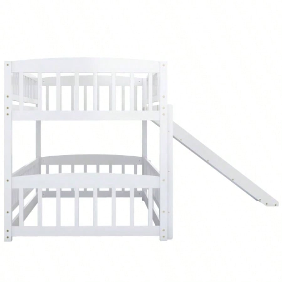 Bunk Bed with Slide, Twin Over Twin Low Bunk Bed with Fence and Ladder Kids Teens White